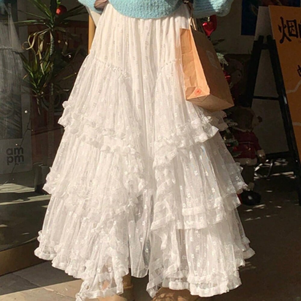White Casual Women's High Waist Lace Flare Ruffle Skirt